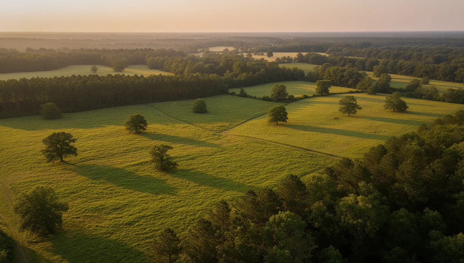 Aerial view of pastures and hayfields divided by tree lines in rural Mississippi at golden hour