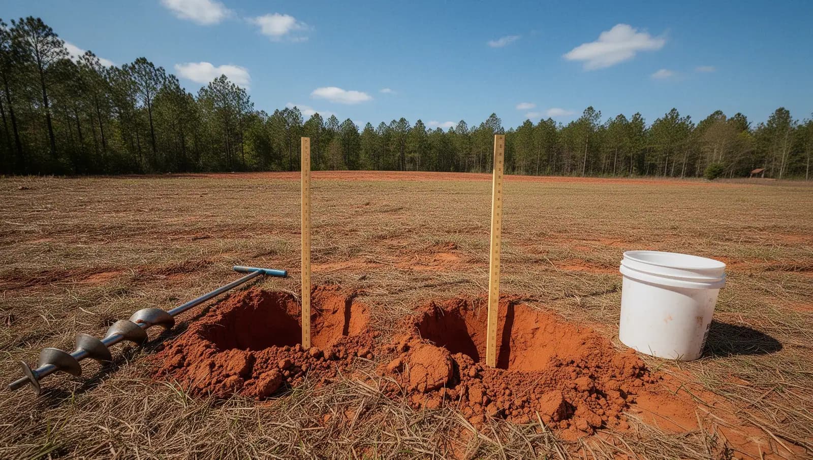 Hand-augered perc test holes with measuring sticks in red clay soil on a cleared rural homesite