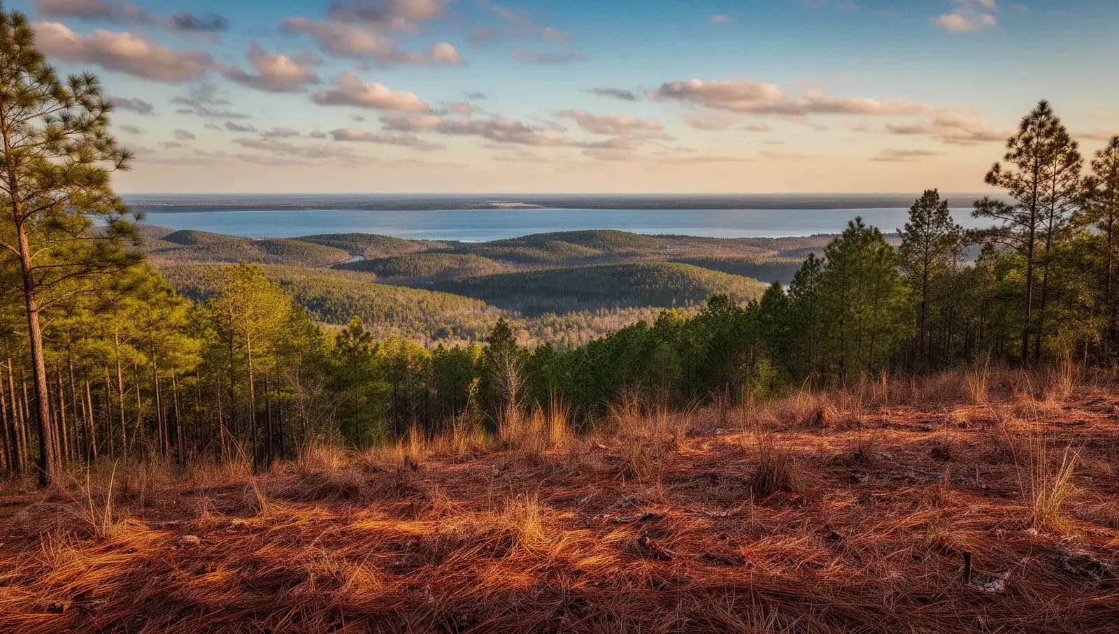 Pine-covered hills in Sabine Parish, Louisiana, with Toledo Bend Reservoir in the distance