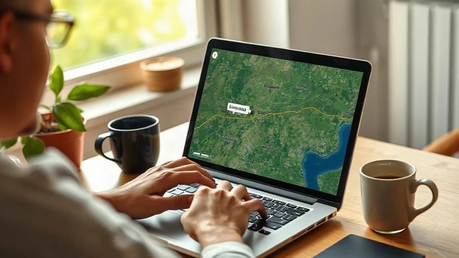 Person researching land parcels on a laptop with satellite map views
