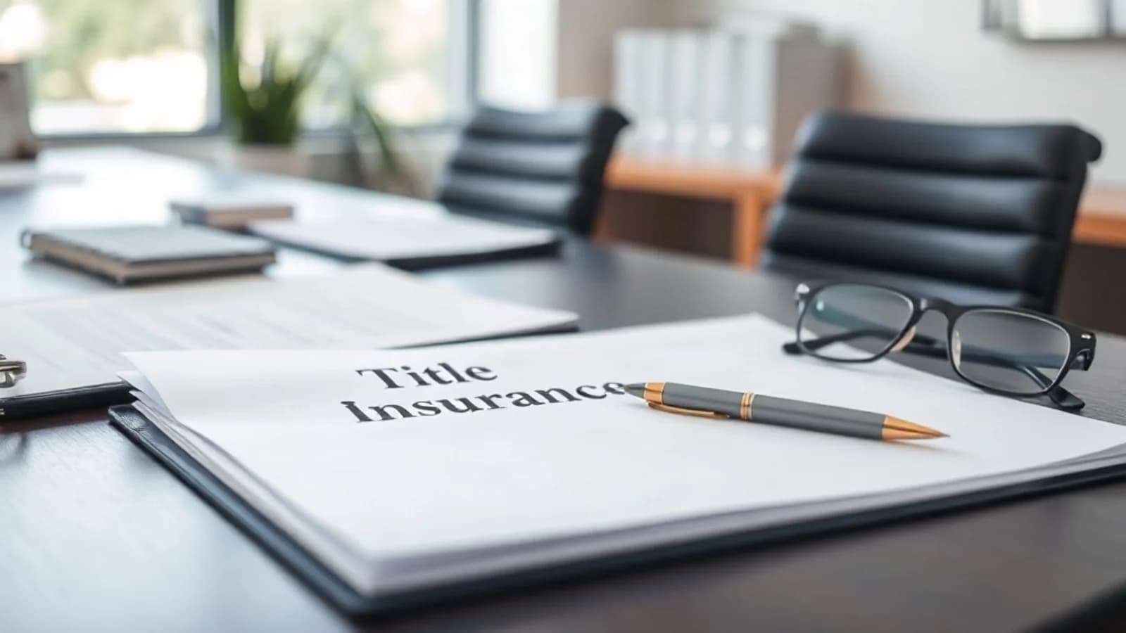Professional office desk with title insurance documents and legal paperwork