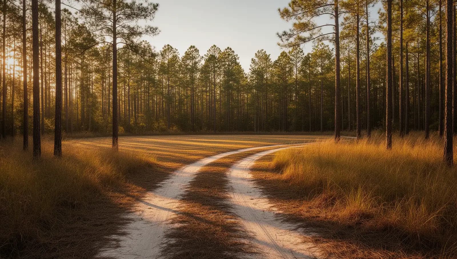 Sandy two-track curving into a mown clearing among tall longleaf pines at golden hour