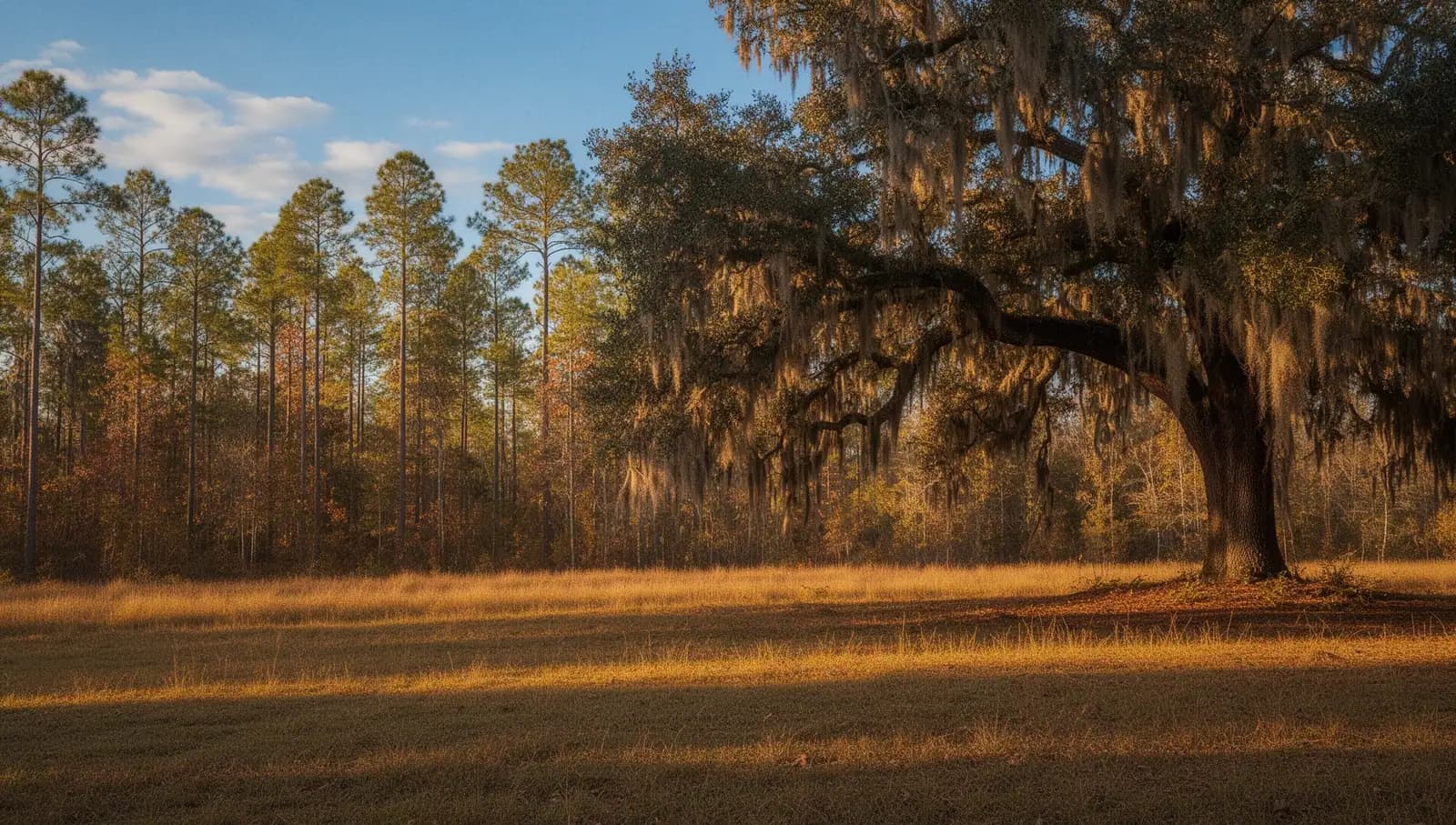 Live oaks draped in Spanish moss over rolling pasture with longleaf pines in north Florida