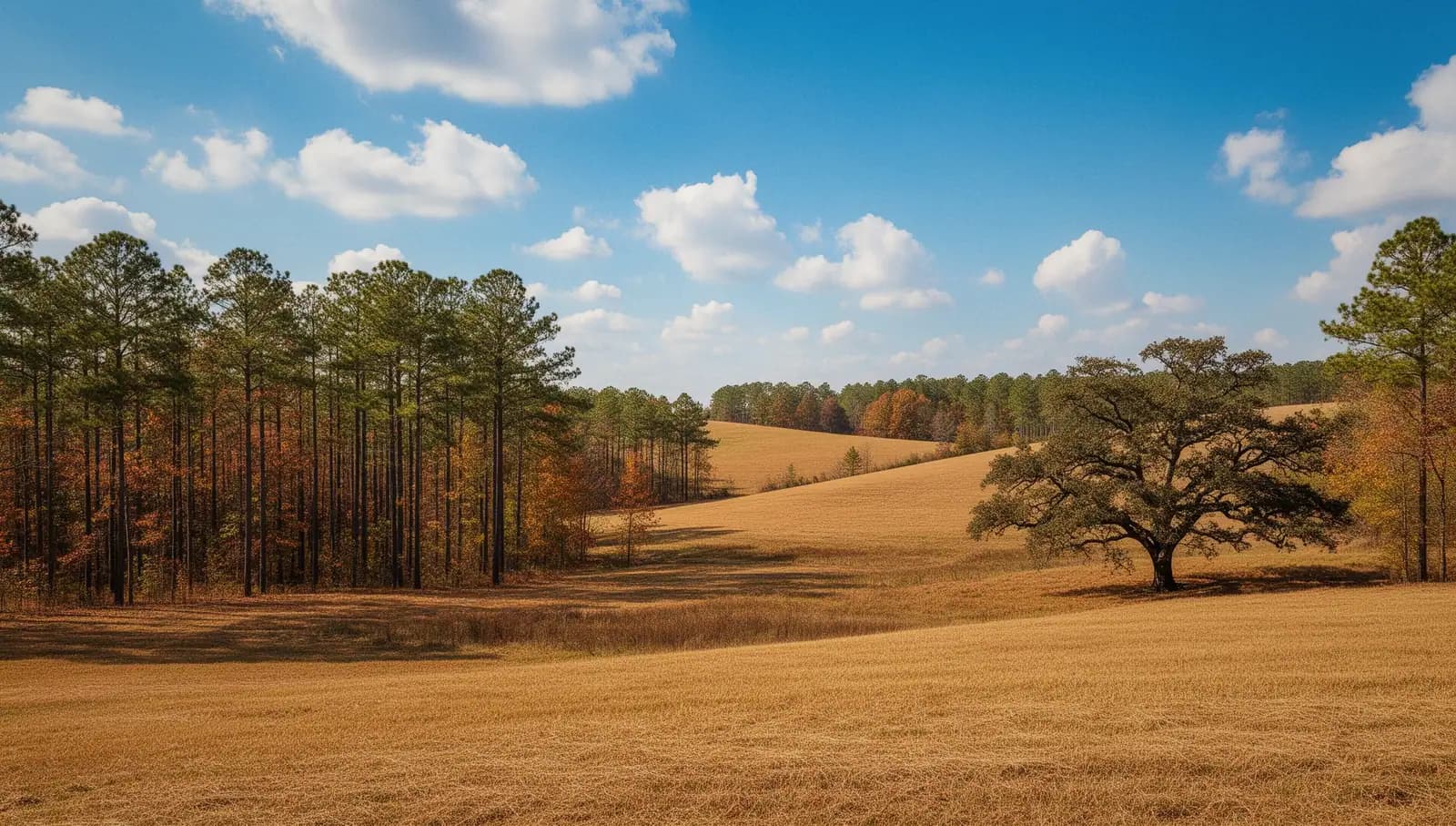 Sunny rolling hayfields and pine woods in the hills of north Louisiana