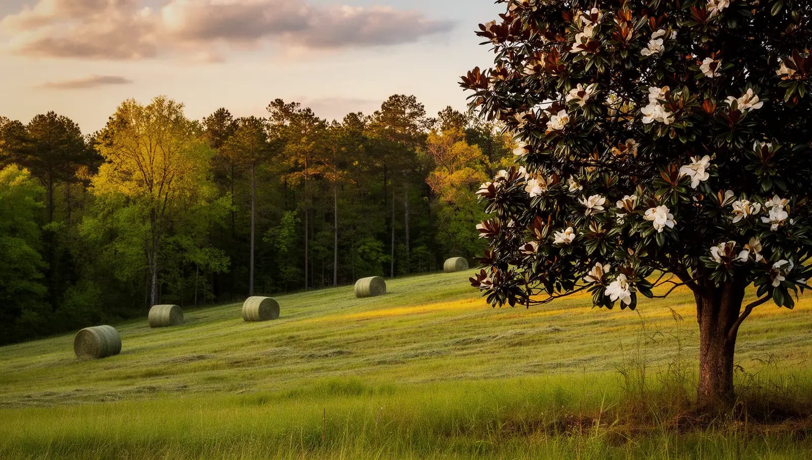 Rolling hay meadow with a blooming southern magnolia and hardwood woods in central Mississippi