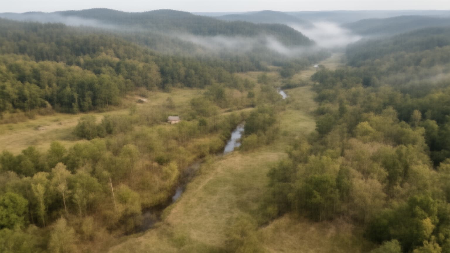 Aerial view of Alabama river valley with hardwood forest and green pastureland