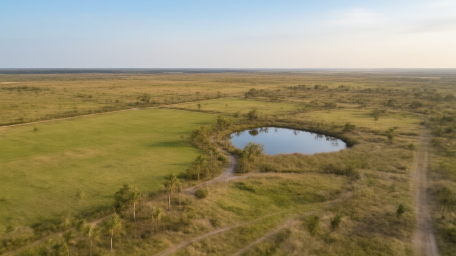 Aerial view of Florida open ranchland with palm trees and a pond reflecting blue sky