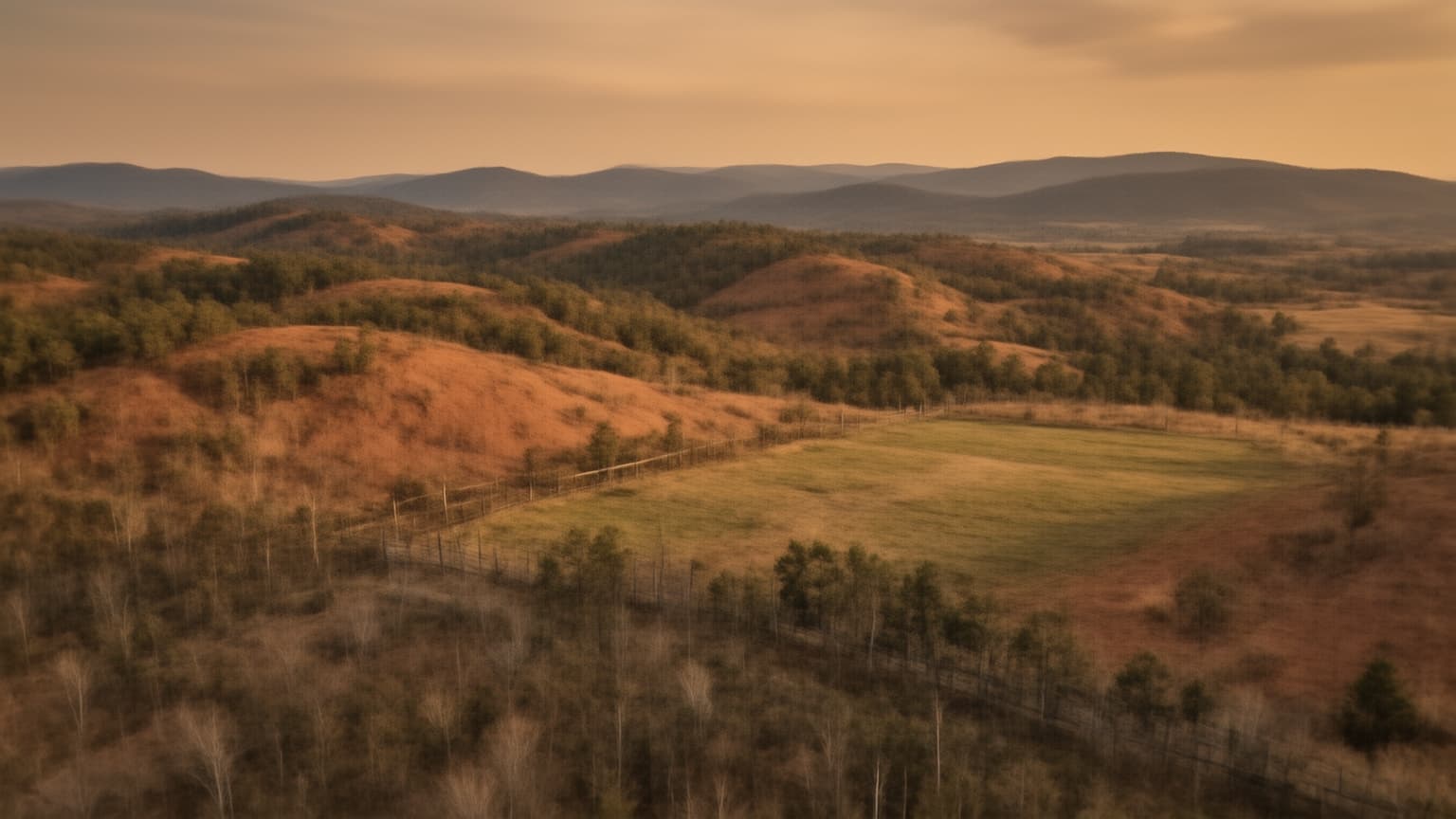 Aerial view of rolling red clay hills with pine forest and cleared meadow in Georgia