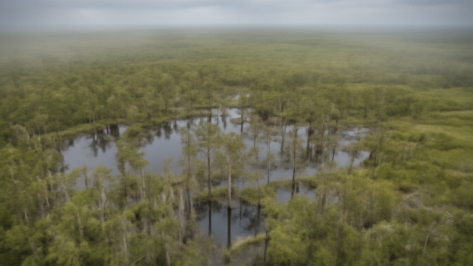 Aerial view of Louisiana bayou with bald cypress trees and Spanish moss