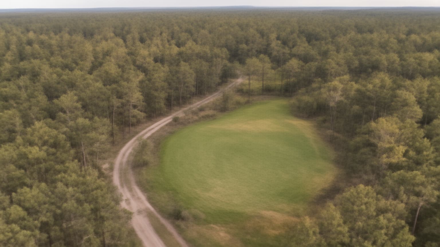 Aerial view of Mississippi Pine Belt landscape with longleaf pine forest and green pasture